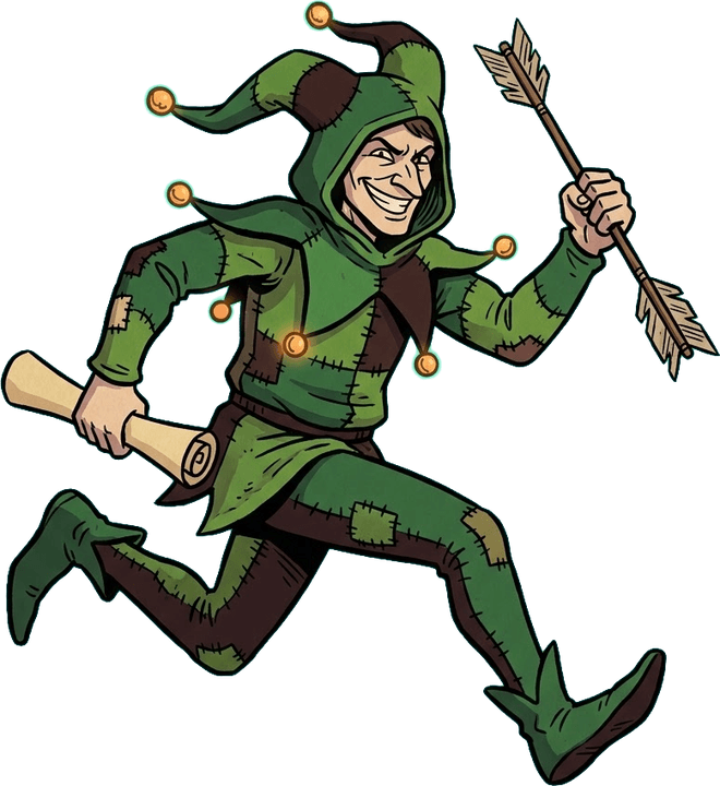 The Green Jester laughing as he pins a new proposal to the oak