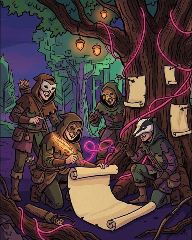 The merry signers laughing around the base of the oak, one of them signing a giant scroll with a glowing quill