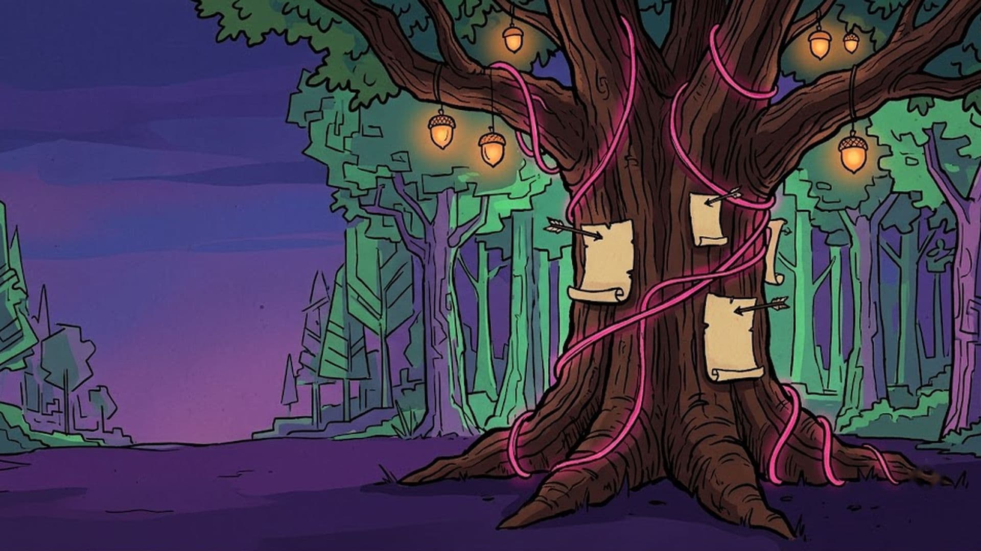 The great oak in a glowing digital Sherwood forest at dusk, parchment proposals pinned to its trunk