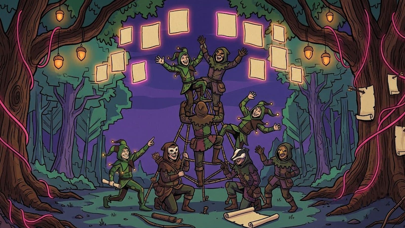 The collective performing an absurd stunt in a forest clearing while a transaction confirms overhead